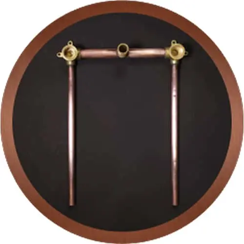 Copper pipes with brass fittings arranged in a U-shape against a dark background with copper circular frame.