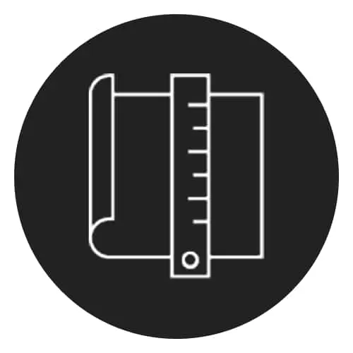 White outline icon of a notebook and ruler on a black circular background.