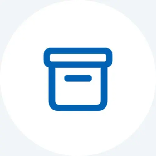 Blue icon of a storage container or box with a lid, displayed in a circular white background.