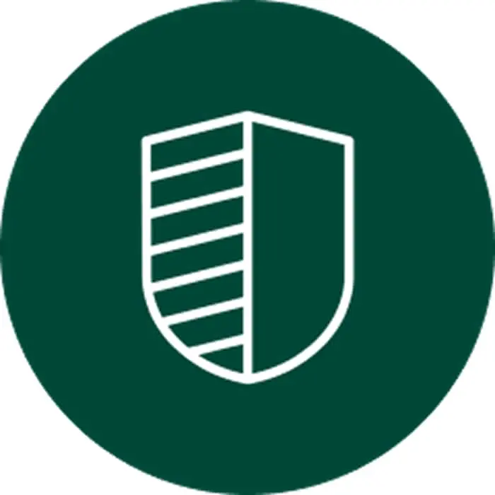 White shield icon with horizontal lines on left side, displayed on dark green circular background.