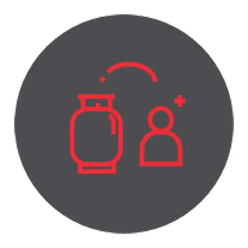 Red icons of a propane tank and person silhouette on a dark gray circular background.