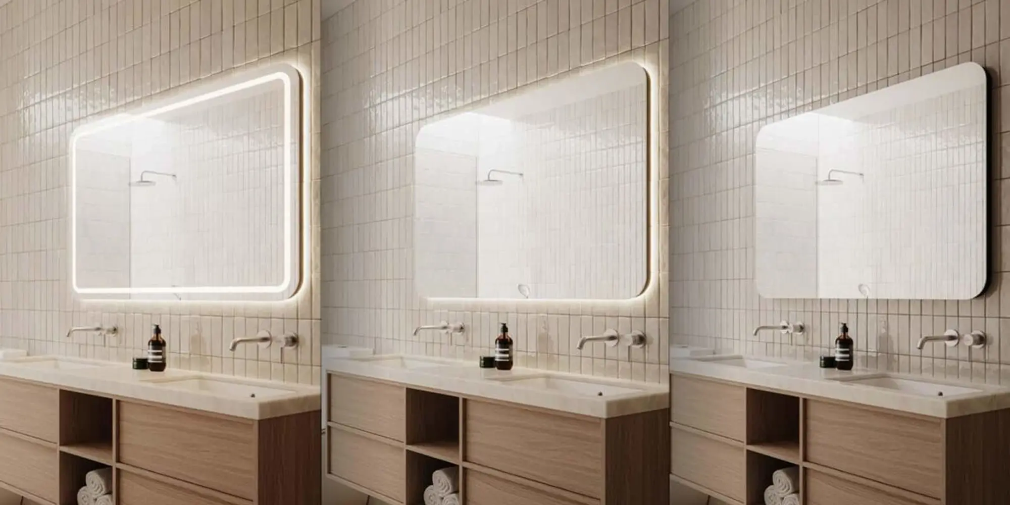 Three bathroom mirrors with different lighting options above wooden vanities with white sinks and wall-mounted faucets.