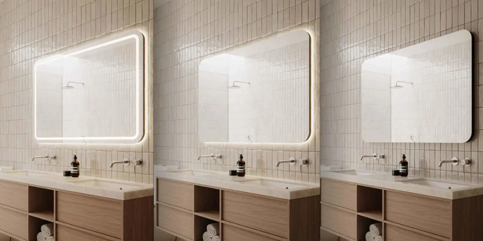 Three bathroom mirrors with different lighting options above wooden vanities with white sinks and wall-mounted faucets.