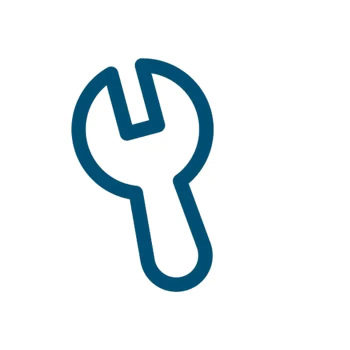 Blue outline icon of a wrench or spanner tool against a white background.