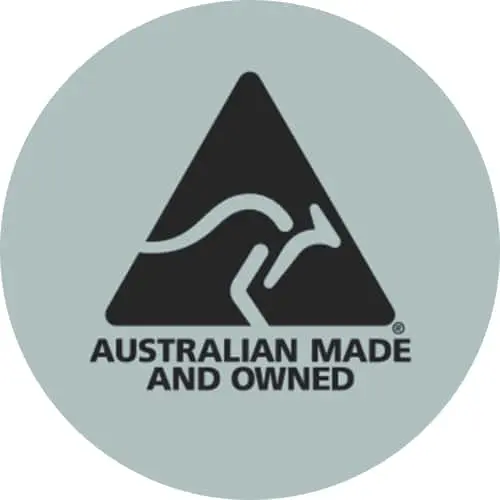 Australian Made and Owned logo featuring a black triangle with kangaroo silhouette on a light green circular background.