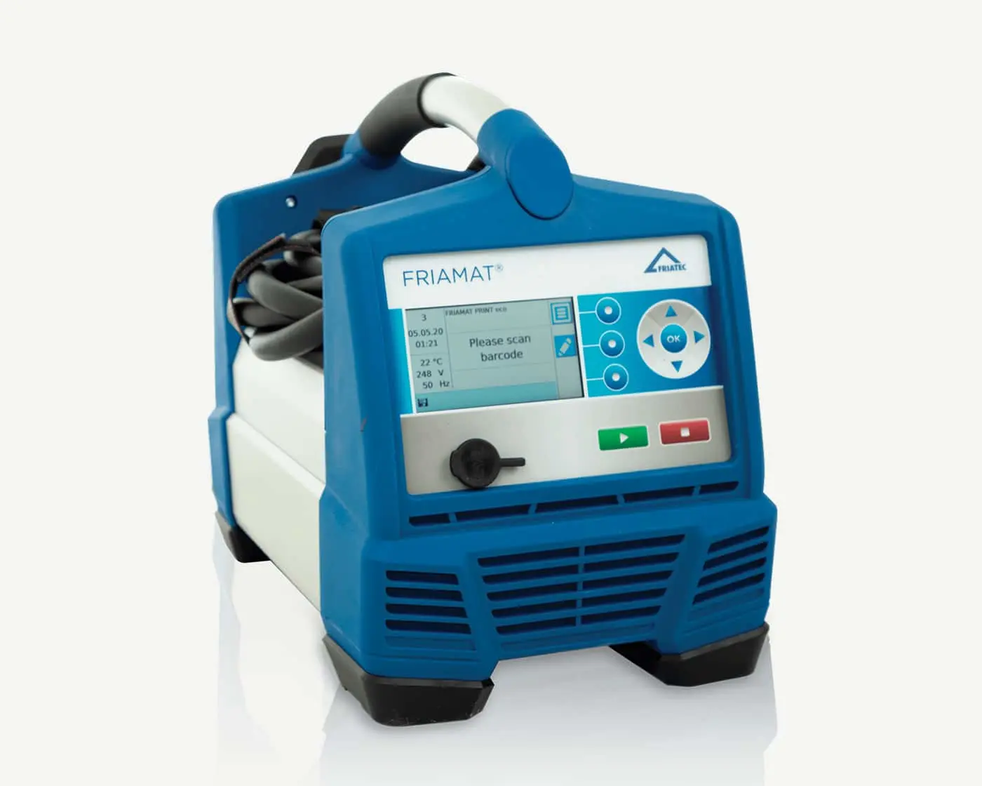 Blue FRIAMAT portable welding device with digital display screen showing temperature and voltage readings.