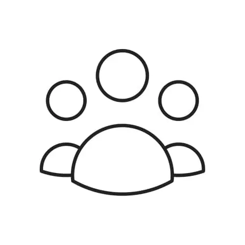 Simple line drawing of a group icon showing three people represented by circles and semicircles.