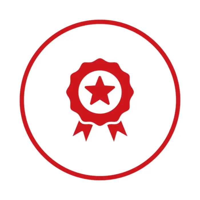 Red award ribbon icon with star in center, enclosed in a circular border.