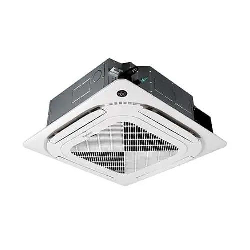 White ceiling-mounted air conditioning unit with square vent and black housing component visible above.