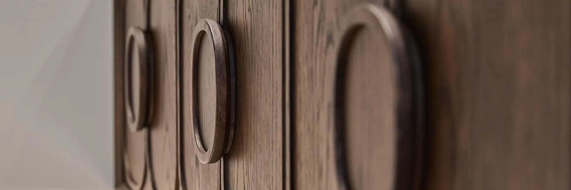 Close-up of wooden cabinet doors with circular handles, showing natural wood grain texture and minimalist design.