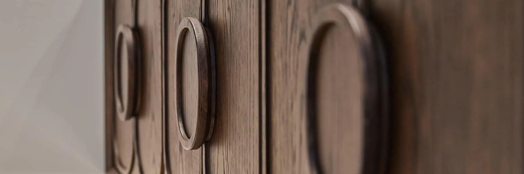 Close-up of wooden cabinet doors with circular handles, showing natural wood grain texture and minimalist design.