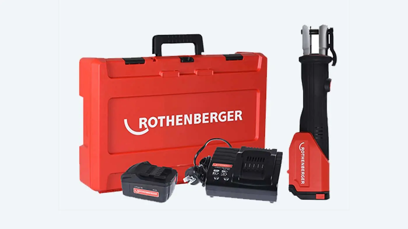 Rothenberger power tool set with red carrying case, battery, charger, and cordless tool with metal attachment.