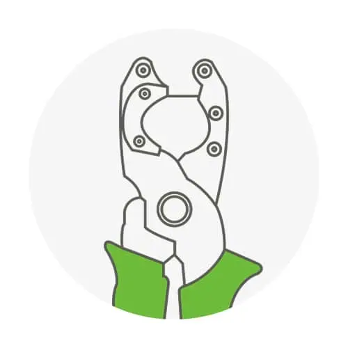 Line drawing of pliers or clamp tool with green handles on a light gray circular background.