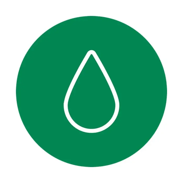White water drop outline icon on a circular green background.