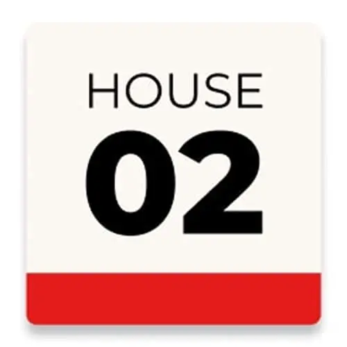 Square sign with "HOUSE 02" text on cream background with red bottom border