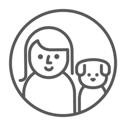 Simple line drawing icon of a person and a dog within a circular frame.