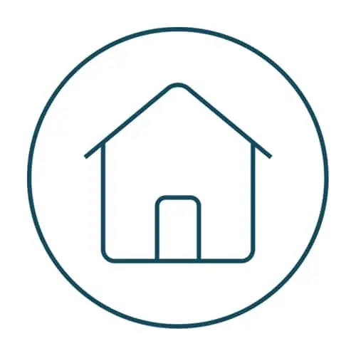 Simple line drawing of a house icon inside a circle on a white background.