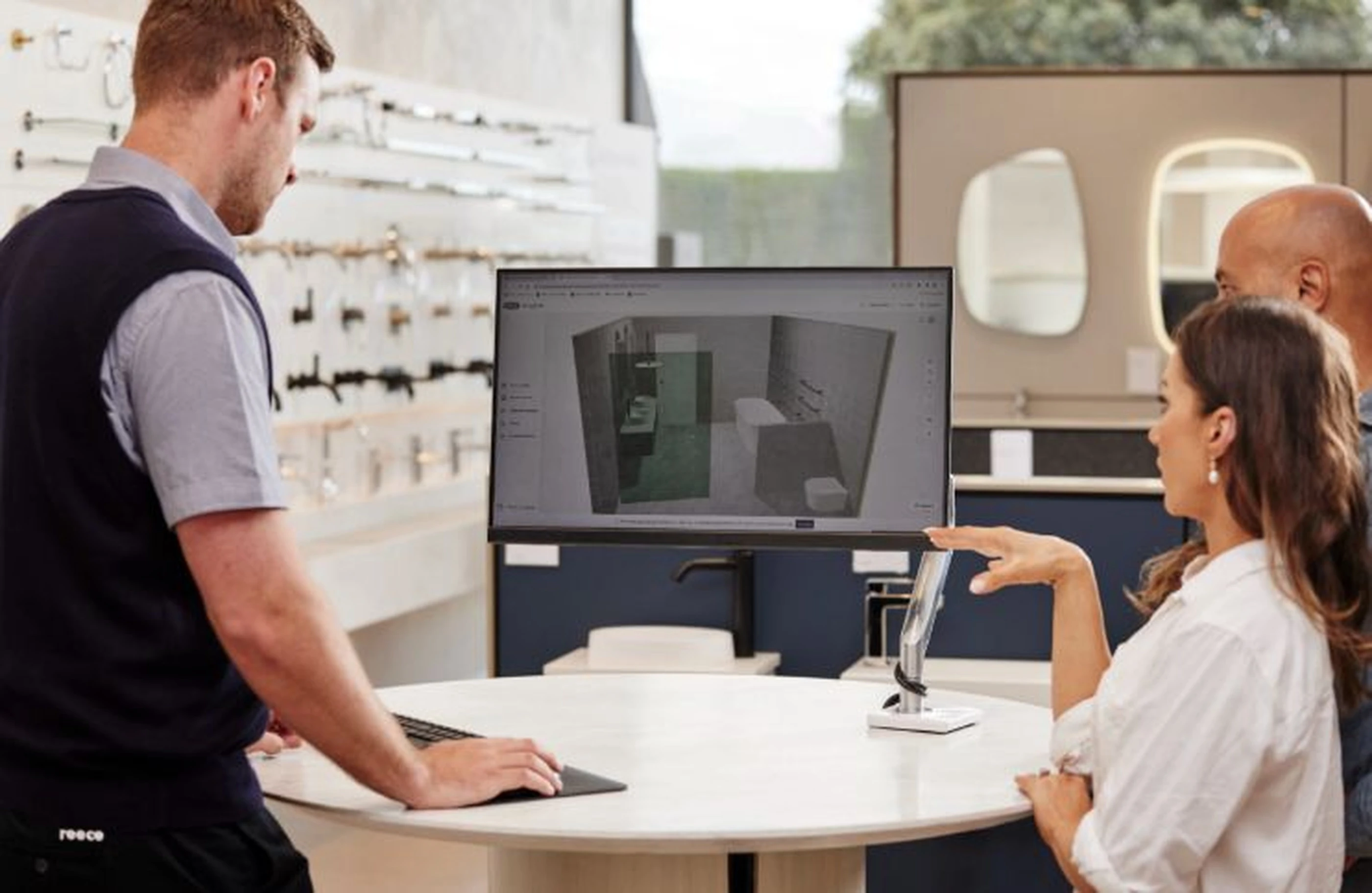 People viewing a 3D bathroom design on a computer monitor in a showroom with fixture displays on the wall.