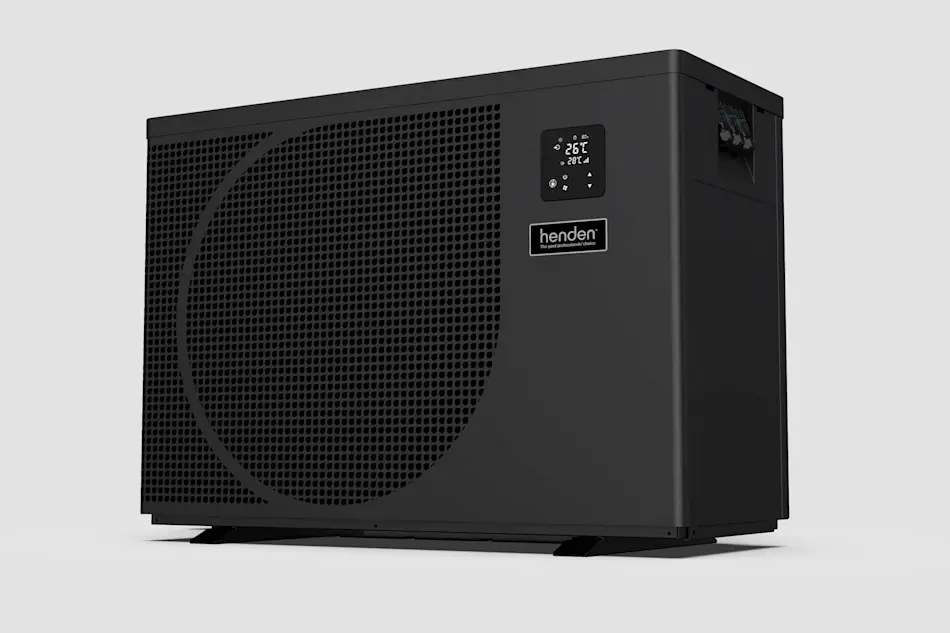 Black Henden heat pump unit with digital temperature display showing 26°C, featuring ventilated front panel design.