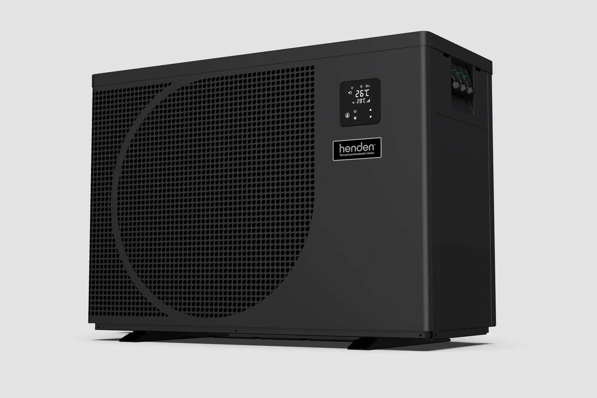 Black Henden heat pump unit with digital temperature display showing 26°C, featuring ventilated front panel design.