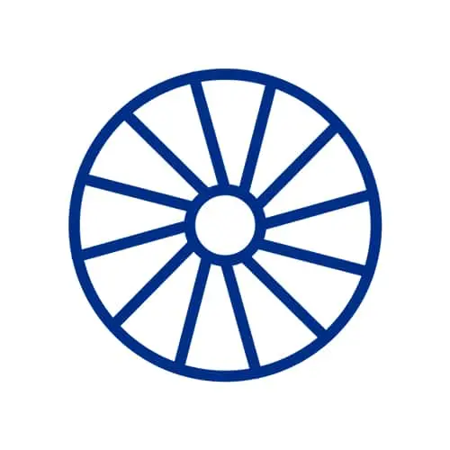 Blue circular wheel icon with spokes radiating from a central hub