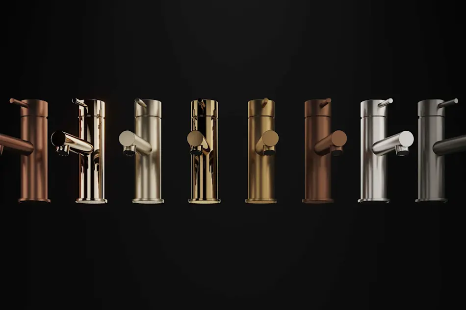 Row of modern bathroom faucets in various metallic finishes including copper, gold, bronze, and silver against black background.