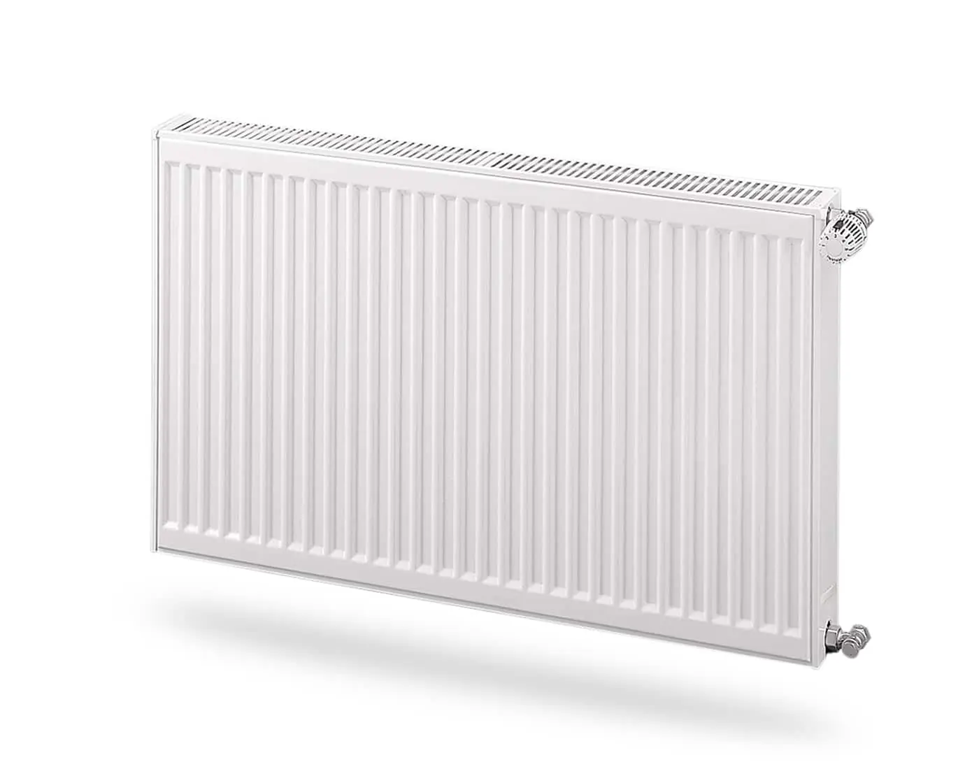 White panel radiator with vertical fins and connection valves on a plain background.