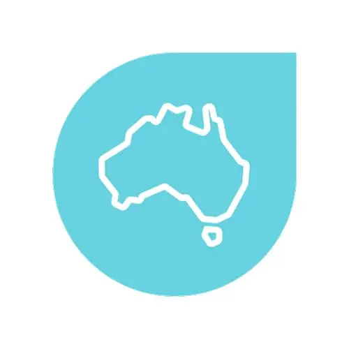 White outline of Australia on a turquoise teardrop-shaped background.