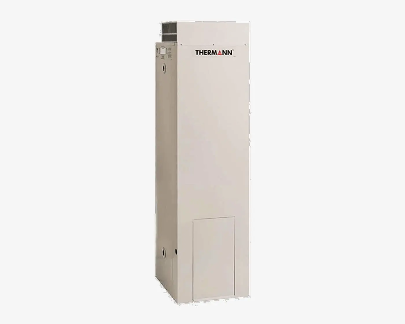 White Thermann hot water system unit with tall rectangular design and brand logo on top panel.