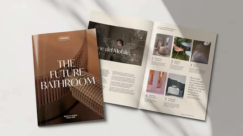 Open magazine titled "THE FUTURE BATHROOM" by Reece showing interior pages with bathroom design trends and images.