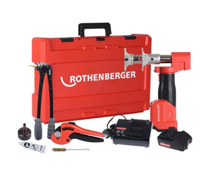 Red Rothenberger tool kit with power tool, battery, charger, pipe cutter, and accessories next to carrying case.
