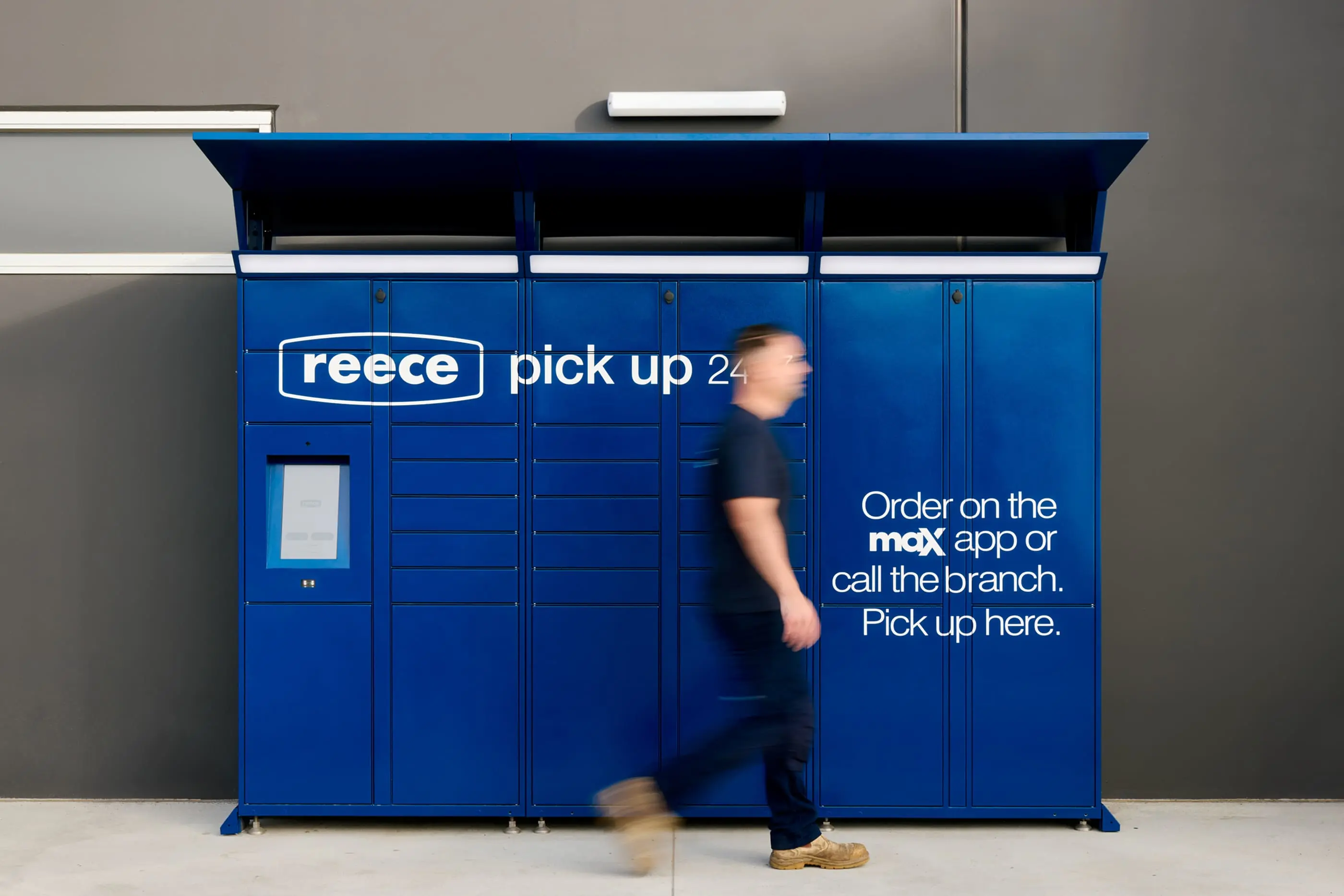 Blue Reece pick up 24 locker system with a person walking past, featuring ordering instructions for the max app.