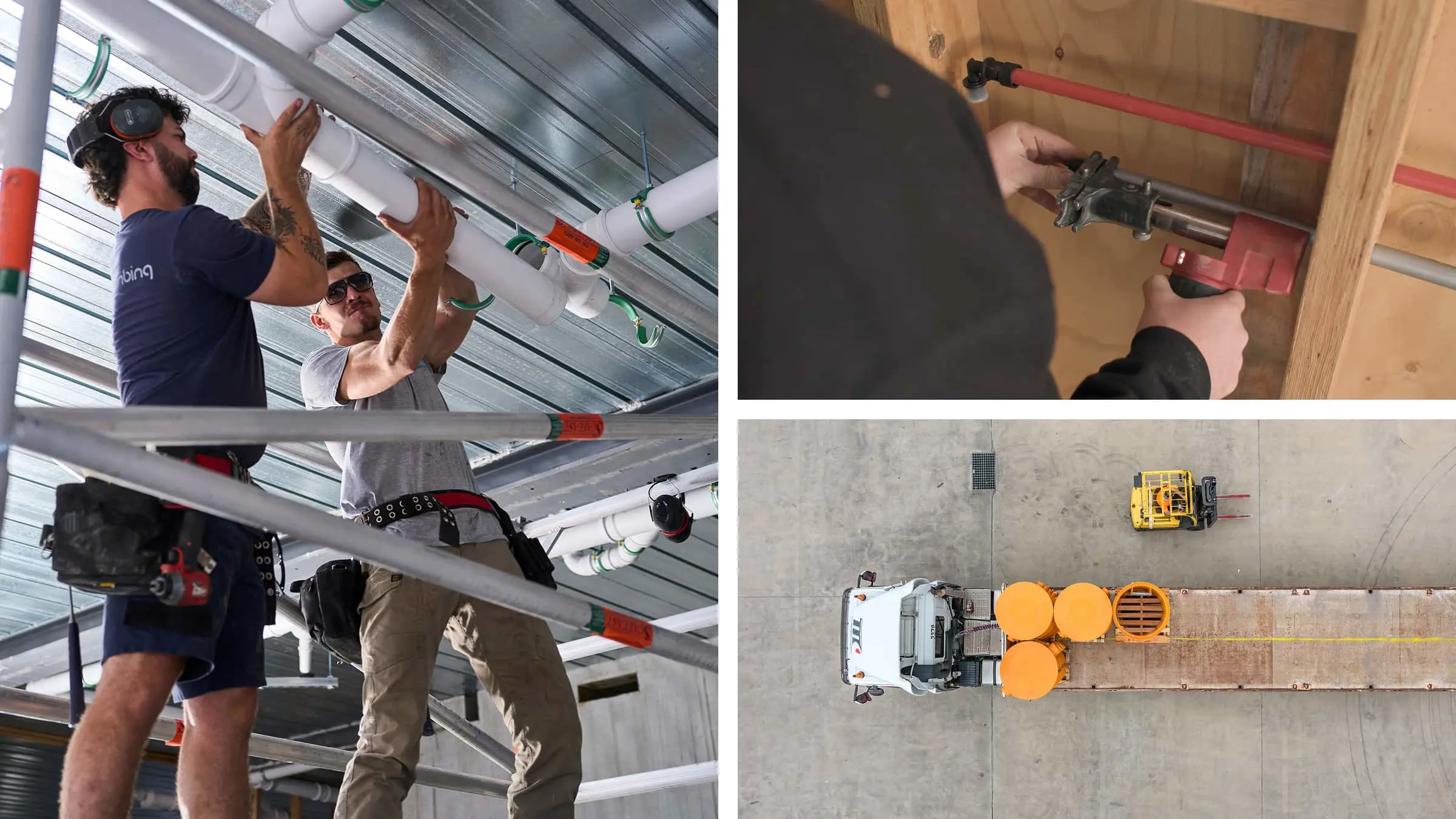 Plumbers installing pipes overhead, close-up of pipe fitting, and aerial view of construction vehicles on concrete surface.