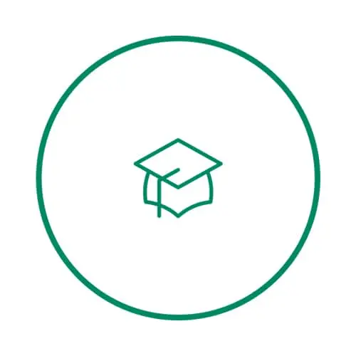Green outline of a graduation cap icon inside a circular border, representing education or academic achievement.