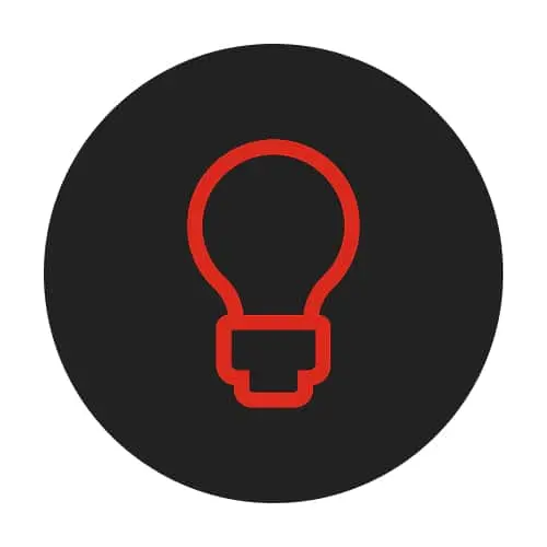 Red lightbulb icon on a black circular background, representing an idea or innovation concept.