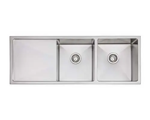 A double bowl, stainless steel sink