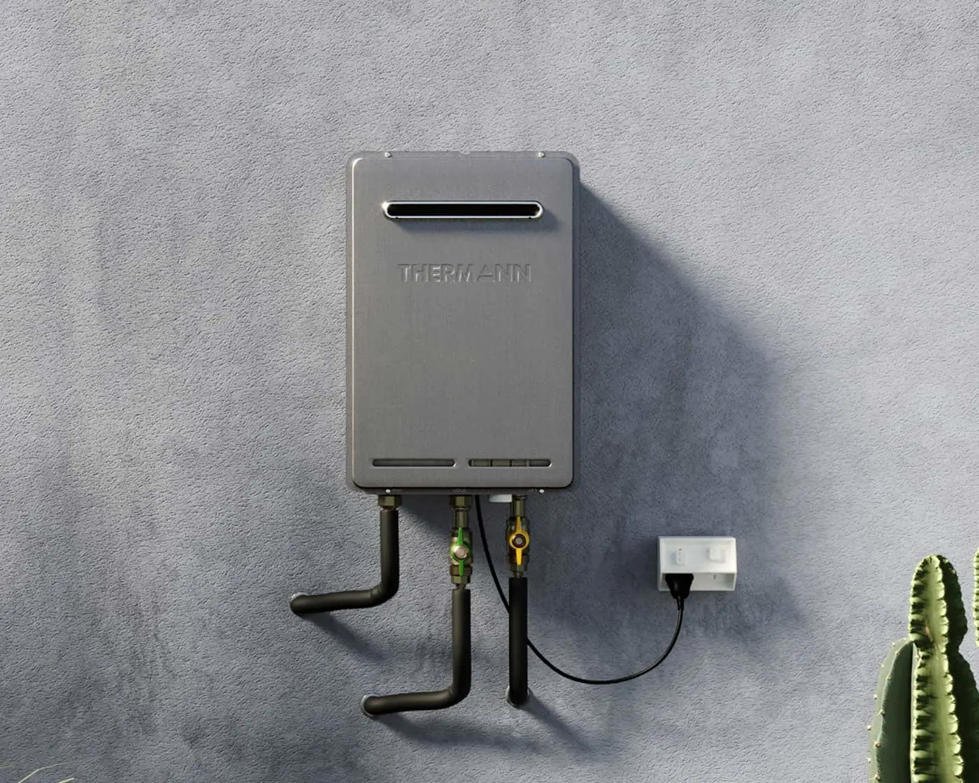 Thermann tankless water heater mounted on gray wall with connected pipes and electrical outlet, cactus visible in corner.