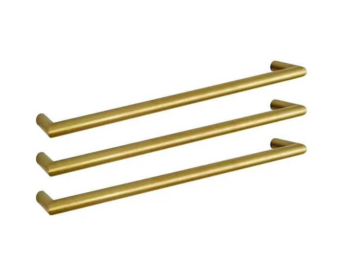 Three horizontal Mizu Drift towel rails in brushed brass
