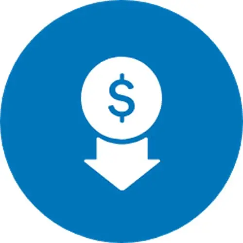 Blue circular icon with dollar sign and downward arrow, representing cost reduction or financial decrease.
