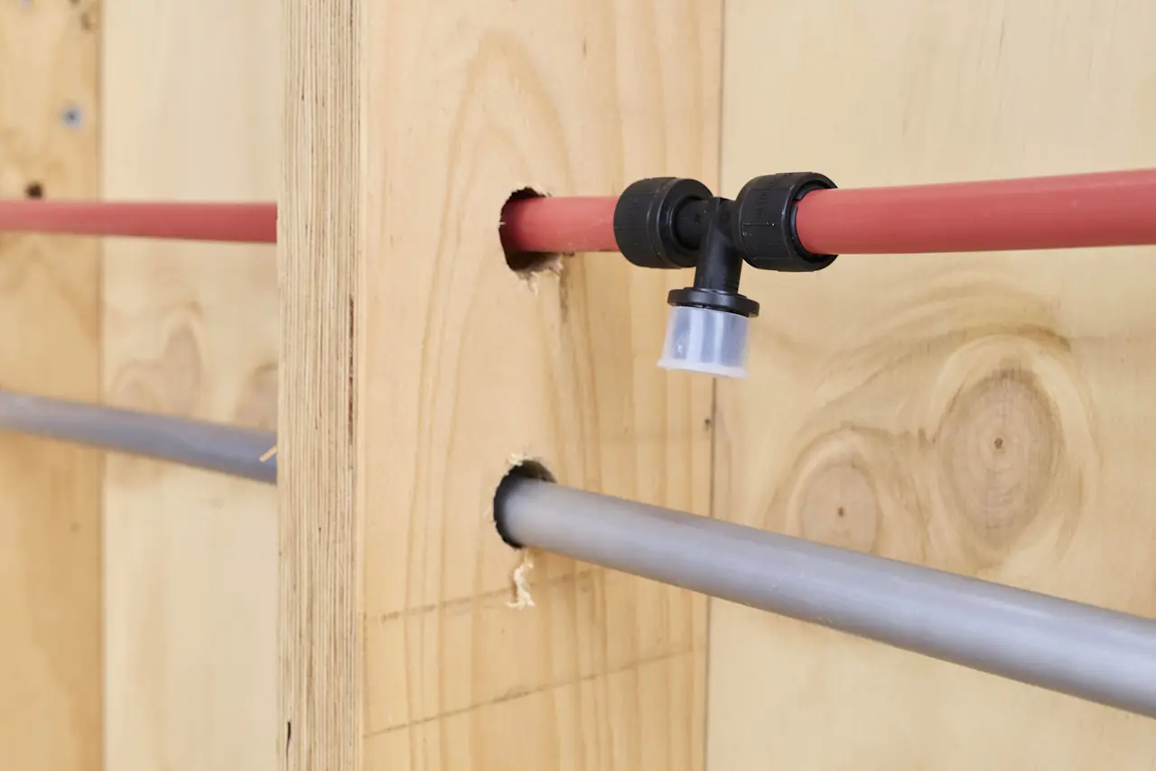 Red and gray PEX plumbing pipes running through wooden wall studs with a black elbow fitting connector.
