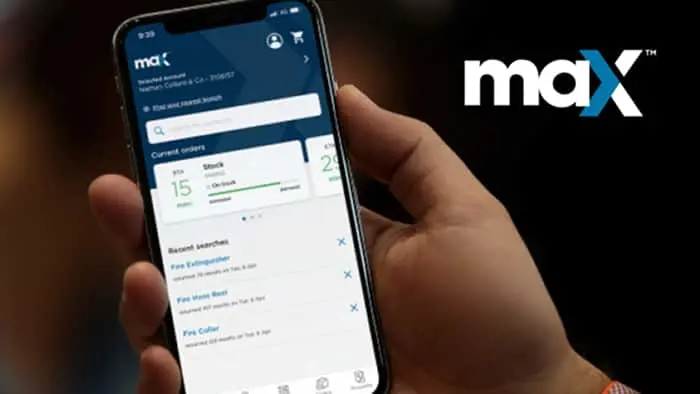 Hand holding smartphone displaying the maX app interface with current orders and search history, maX logo on right.