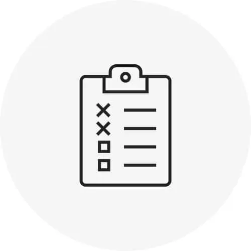 Clipboard with checklist showing two crossed-out items and two unchecked boxes on a light gray circular background.