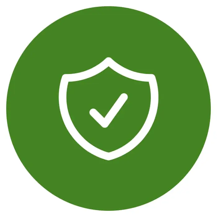 Green circular icon with white shield and checkmark symbol representing security or protection.