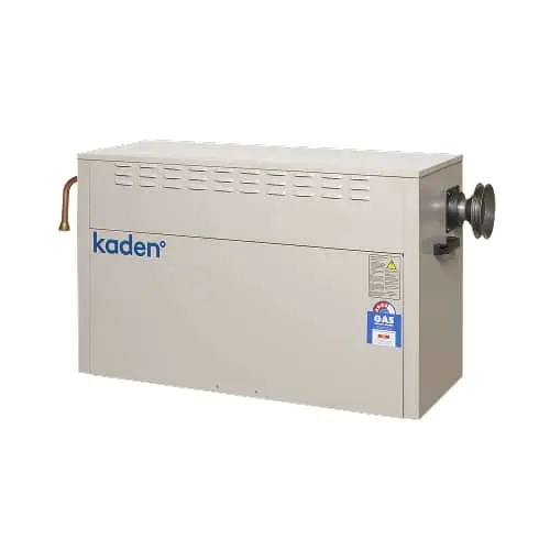 Kaden gas heating unit with beige metal casing, ventilation slots, and exhaust pipe connection on the side.