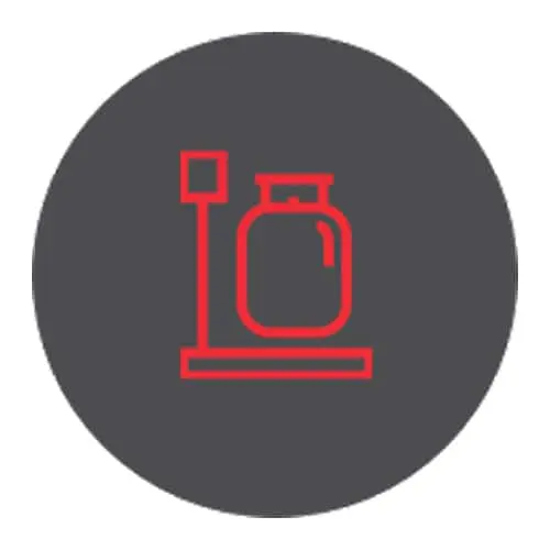 Red outline icon of a weighing scale with a container on a dark gray circular background.