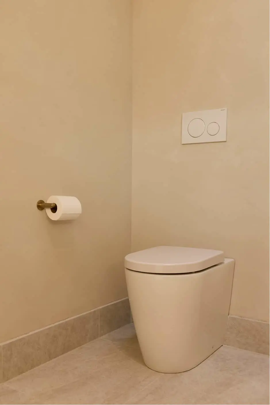 White toilet in corner with dual flush buttons on beige wall and toilet paper holder with brass fixture.