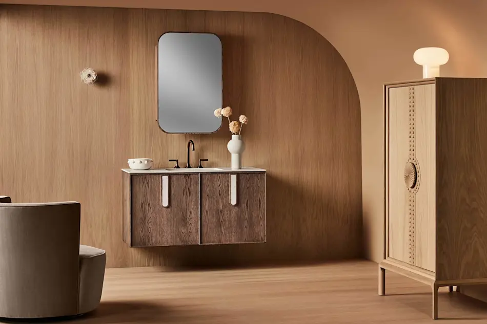 Modern bathroom with wooden vanity, rounded mirror, and warm wood-paneled walls in minimalist design.