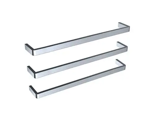 Three Mizu Stream Heated Towel Rails in stainless steel.