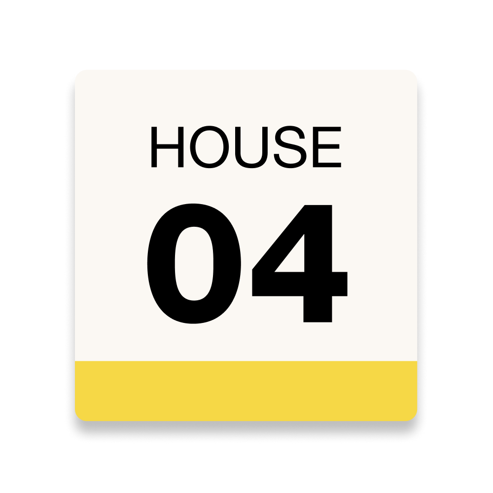 House number sign with "HOUSE 04" in black text on white background with yellow bottom border