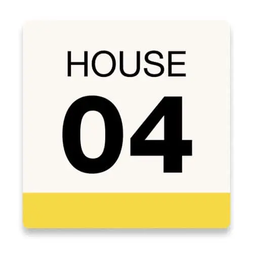 House number sign with "HOUSE 04" in black text on white background with yellow bottom border
